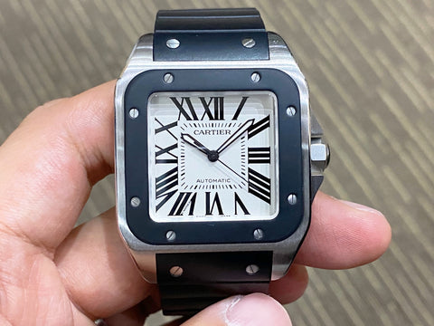 -Pre Owned- Cartier Santos 100 Large Steel Rubber W20121U2